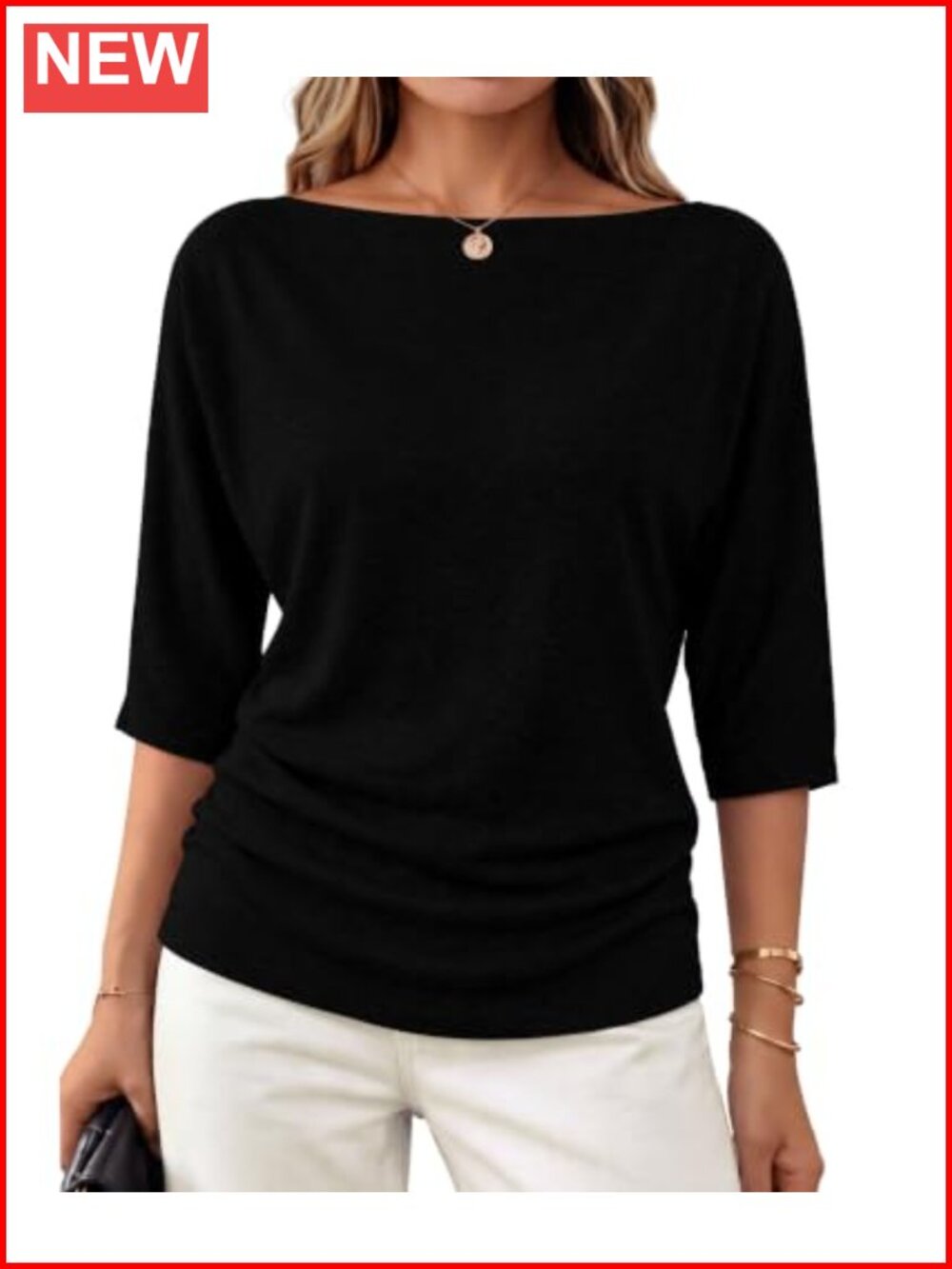 WIHOLL Off Shoulder Boat Neck Sweater 3/4 Batwing Sleeve Knit Pullover Top